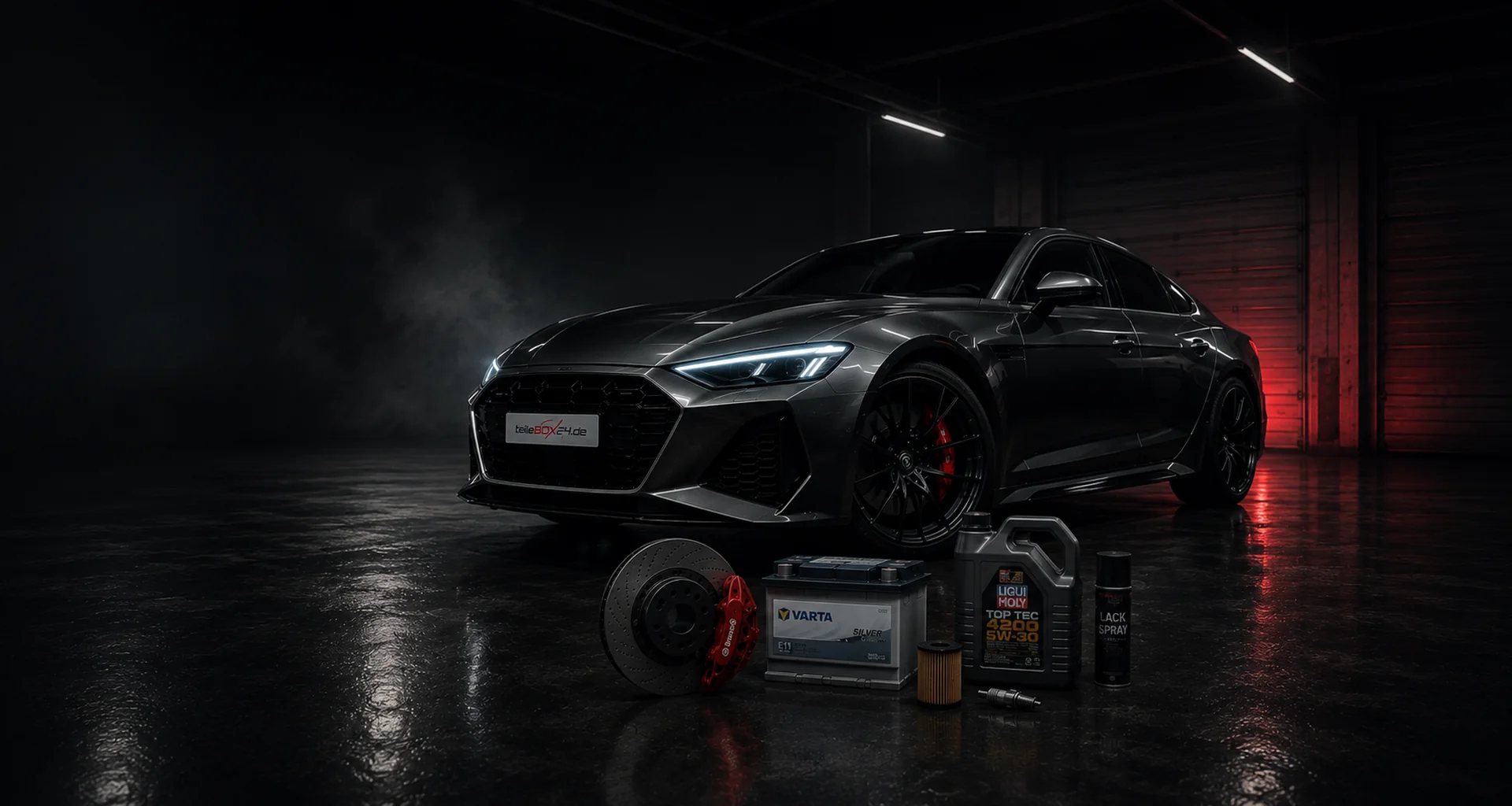 Fahrzeug in der Werkstatt mit Bremsscheibe, Starterbatterie, Motoröl und Lackspray